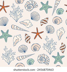 Hand drawn sea shells. Dolce vita marine design elements, perfect for prints and patterns.Vector seamless pattern. Design for fashion, fabric, textile, wallpaper, wrapping and all prints.