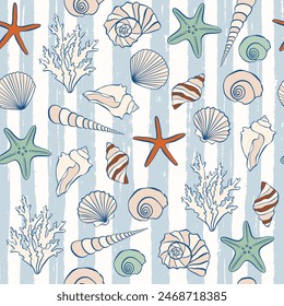 Hand drawn sea shells. Dolce vita marine design elements, perfect for prints and patterns.Vector seamless pattern. Design for fashion, fabric, textile, wallpaper, wrapping and all prints.