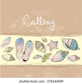 Hand drawn sea shells and flip flops. Vintage summer background