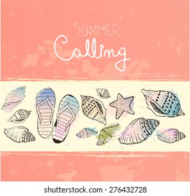 Hand drawn sea shells and flip flops. Vintage summer background