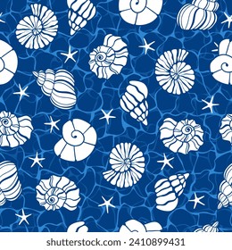 Hand drawn sea shells on water background. Abstract vector seamless pattern. Summer beach seaside print. 