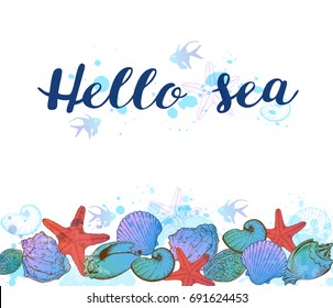 Hand drawn sea shells on a white background. Hello sea lettering.