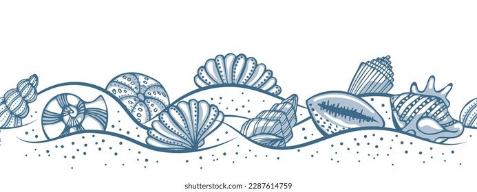 Hand drawn sea shells in the sand, seamless pattern, border. Illustration of blue seashells on a white background, marine background, vector