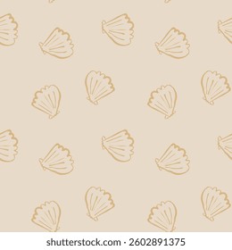Hand drawn sea shells scallop beige yellow sandy seamless pattern in doodle sketchy style on white background. Line art sea shell vector background
