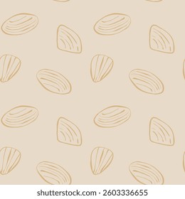 Hand drawn sea shells scallop beige yellow sandy seamless pattern in doodle sketchy style on white background. Line art sea shell vector background