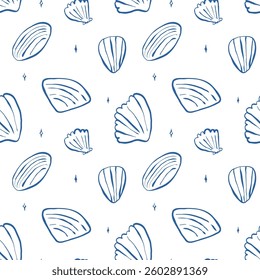 Hand drawn sea shells scallops with sparkles blue seamless pattern in doodle sketchy style on white background. Line art sea shell vector background
