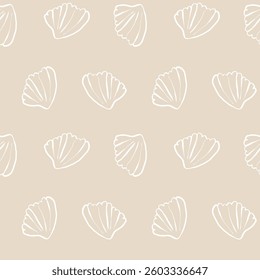 Hand drawn sea shells scallops beige yellow sandy seamless pattern in doodle sketchy style on white background. Line art sea shell vector background