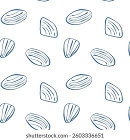 Hand drawn sea shells scallops blue seamless pattern in doodle sketchy style on white background. Line art sea shell vector background