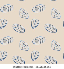 Hand drawn sea shells scallops blue seamless pattern in doodle sketchy style on sandy beige background. Line art sea shell vector background
