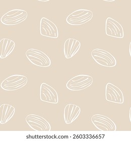 Hand drawn sea shells scallops beige yellow sandy seamless pattern in doodle sketchy style on white background. Line art sea shell vector background