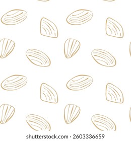 Hand drawn sea shells scallops blue seamless pattern in doodle sketchy style on white background. Line art sea shell vector background
