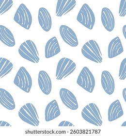 Hand drawn sea shells scallops blue seamless pattern in doodle sketchy style on white background. Line art sea shell vector background