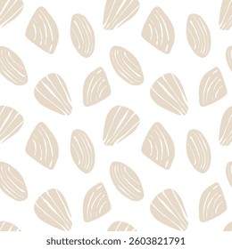 Hand drawn sea shells scallops blue seamless pattern in doodle sketchy style on white background. Line art sea shell vector background