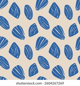 Hand drawn sea shells scallops blue seamless pattern in doodle sketchy style on sandy beige background. Line art sea shell vector background