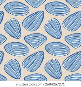 Hand drawn sea shells scallops blue seamless pattern in doodle sketchy style on sandy beige background. Line art sea shell vector background