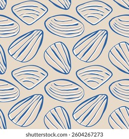 Hand drawn sea shells scallops blue seamless pattern in doodle sketchy style on sandy beige background. Line art sea shell vector background