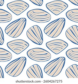 Hand drawn sea shells scallops blue beige seamless pattern in doodle sketchy style on white background. Line art sea shell vector background