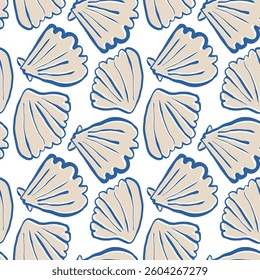 Hand drawn sea shells scallops blue beige seamless pattern in doodle sketchy style on white background. Line art sea shell vector background