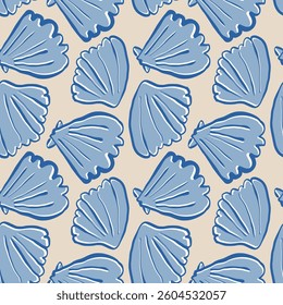 Hand drawn sea shells scallops blue seamless pattern in doodle sketchy style on sandy beige background. Line art sea shell vector background