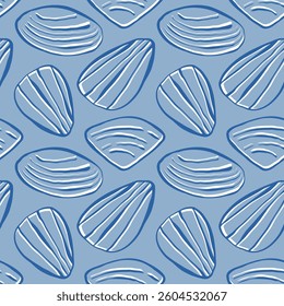 Hand drawn sea shells scallops blue seamless pattern in doodle sketchy style on blue background. Line art sea shell vector background
