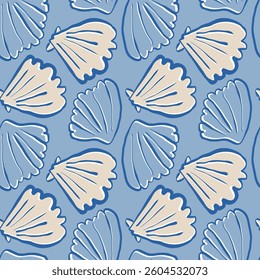 Hand drawn sea shells scallops blue beige seamless pattern in doodle sketchy style on blue background. Line art sea shell vector background