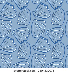 Hand drawn sea shells scallops blue seamless pattern in doodle sketchy style on blue background. Line art sea shell vector background