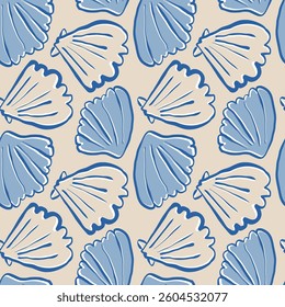 Hand drawn sea shells scallops blue seamless pattern in doodle sketchy style on sandy beige background. Line art sea shell vector background