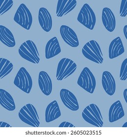 Hand drawn sea shells scallops blue seamless pattern in doodle sketchy style on blue background. Line art sea shell vector background
