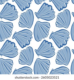 Hand drawn sea shells scallops blue seamless pattern in doodle sketchy style on white background. Line art sea shell vector background