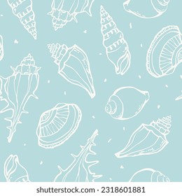 Hand drawn Sea shells seamless pattern. Summer marine print design with white line seashells sketch drawings on azure blue background. Bathroom wallpapers, textile pattern. Vector illustration.