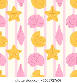 Hand drawn sea shells seamless pattern with stripes
