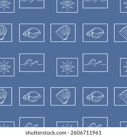 Hand drawn sea shells, seamless pattern. Underwater world concept. Wallpaper texture with shells in abstract frames. Vector flat illustration.