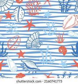 Hand drawn sea shells, seaweed and stars seamless pattern. For fabric, wallpaper, wrapping paper, textile, bedding, t-shirt print.

