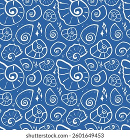 Hand drawn sea shells with sparkles blue seamless pattern in doodle sketchy style. Line art sea shell vector background
