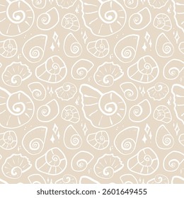 Hand drawn sea shells with sparkles beige yellow sandy seamless pattern in doodle sketchy style on white background. Line art sea shell vector background