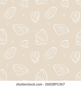 Hand drawn sea shells with sparkles beige yellow sandy seamless pattern in doodle sketchy style on white background. Line art sea shell vector background