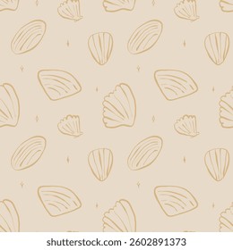 Hand drawn sea shells with sparkles beige yellow sandy seamless pattern in doodle sketchy style on white background. Line art sea shell vector background