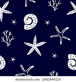 Hand drawn sea shells, stars on deep blue background. Summer beach seaside print. 