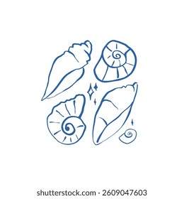 Hand drawn sea shells and stars poster template in doodle sketchy style. Line art sea shell vector composition