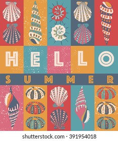 Hand drawn sea shells, summer design card. Pastel yellow, pink and turquoise color palette. "Hello Summer" typographic design.