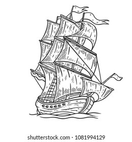 Hand drawn sea ship illustration on white background. Design element for poster, card, t shirt, emblem. Vector image