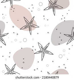 Hand drawn Sea stars vector seamless pattern on abstract background. Summer tropical ocean beach style. Fashion underwater vintage textile fabric design. Vector illustrations.