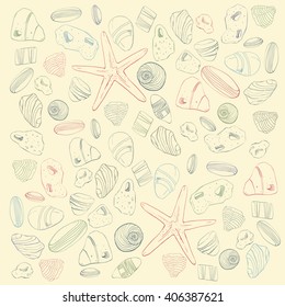 Hand drawn. Sea stones  and shell seamless pattern.Can be used like post card, background or banner