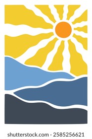 Hand drawn sea and sun landscape panorama. Abstract nature poster in minimalist style. Isolated vector illustration