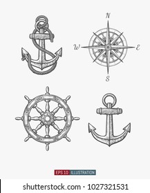 Hand Drawn Sea Symbols Set. Compass, Ship Wheel, Anchors. Template For Your Design Works. Engraved Style Vector Illustration.