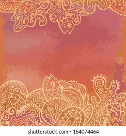 Hand drawn sea theme background on grunge watercolor backdrop in red and orange tones