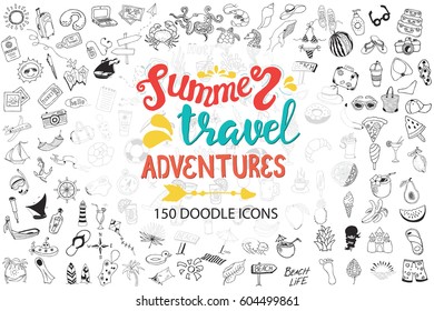 Hand drawn sea, travel, drinks, fruits, summer doodle Icons collection on white background. Vector illustration