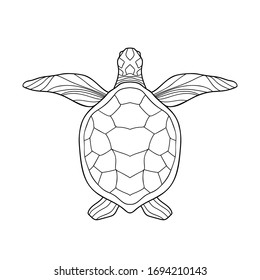 Hand drawn sea turtle with simple pattern on white isolated background. Good for coloring book pages.