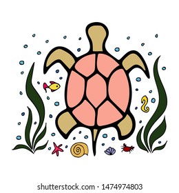 Hand drawn sea turtle. Underwater life. Vector illustration. EPS 10