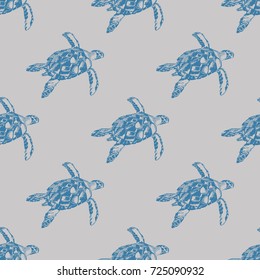 Hand drawn sea turtles seamless pattern. Abstract pastel colors turtles on sand. Vector illustration for print, textile and paper.